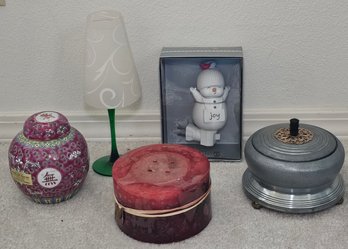 R3 Vintage Metal Powder Puff Music Box, Pink Ginger Jar, And Other Decorative Items