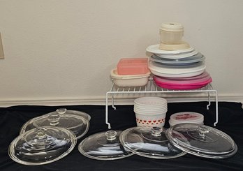 R3 Wire Kitchen Rack, Assortment Of Plastic Food Storage Containers And Lids, With One Pyrex And Five Glass Ca