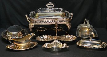 R2 Mix Of Silver Plated And Unmarked Serving Dishes And Butter Dish