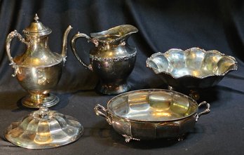 R2 Vintage Silver Plated Dishes Including Pitcher, Teapot, And Serving Dishes