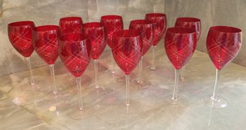 R7 Set Of 12 Red Wine Glasses, Cut Glass Design