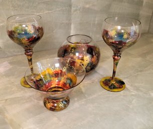 R7 Set Of Hand Pained Wine Glasses And Bowls