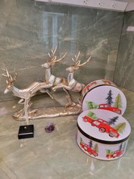 R7 Metal Deer Statue, Glass Dancer Statue Broken, Glass Angel, Holiday Tin Set Of 2