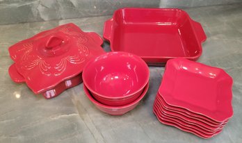 R7 Red Emile Henry French Baking Dish, Chantal Baking Dish With Lid, Portugal Made Bowl And Small Plate Set