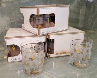 R7 Culver Gold Spruce Design Glasses, 3 Sets Of 4, 12 Glasses Total