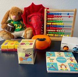 Children's Items: Pottery Barn Dragon Mask, Abacus, Stuffed Rabbit, Sippy Cups, Finger Paint, Puzzles