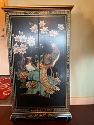Peacock Themed Wooden Painted Cabinet 36In X 18.5In X 8.5In.