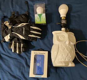 Owl Lamp, Snowboarding Gloves, Golf Ball Wine Stopper, And Wireless Charging Pad