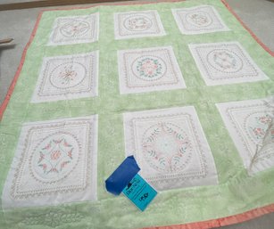 Handmade Pink, Green, And White Quilt