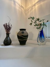 Two Pottery Vases (Possibly Handmade) And One Glass Vase
