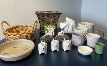 Vases, Garden Pots, Basket, And 3 Cat Cups