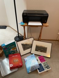 HP Printer, TV Stand, Two Art Photographs, Printer Paper, Sheet Protectors, Lamp