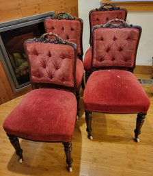 R2 Set Of 4 Wood, Red Suede Upholstered Chairs