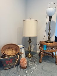 Two Brass Lamps, Rattan Stool, Salt Lamp, Deco Baskets