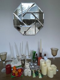 Decorative Mirror, Collection Of Candles And Candle Holders