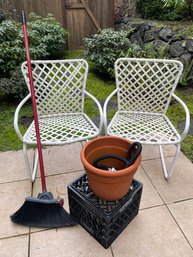 Set Of Patio Chairs, Pot, Pocket Hose, Small Crate, Broom