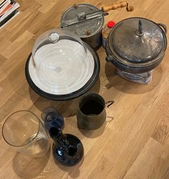 Glass Cake Stand, Plated Or Sterling Silver Chafing Dish, Used Whirley Pop With Popcorn Kernels, Metal Pitcher