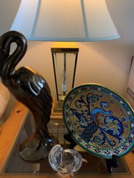 Lamp, Bird Figurine, Decorative Plate With Stand, Glass Votive Holder