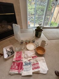 Tea Towels, Small Glassware, Candleholder, Fruit Themed Mugs, Pitcher, House Plant, Plastic Carrying Case