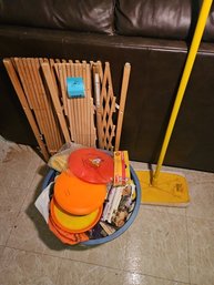 R4 Lot To Include Two Baby Gates, Floor Sweeper, And Basket Of Items