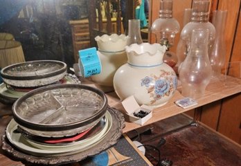 R4 Lot To Include Oil Lamp, Plates, Tin Lids, And Other Glasswear