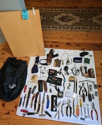 R2 Bag Full Of Old Tools, Harley Davidson Wallets, Knives, Knife Cases, Cords, Harmonica, Lighters, And Others