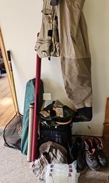 R14 Lot To Include Two Fishing Poles, Vests, Folding Chair,  Two Nets, Rolling Cooler, And More