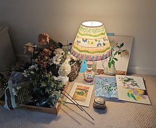 R5 Lot Of Paintings, Lamp, And Floral Decor