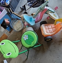 R0 Lot To Include Two Plastic Toddler Tricycles, Small Child's Desk/frog Stool, Stroller And Sports Supplies