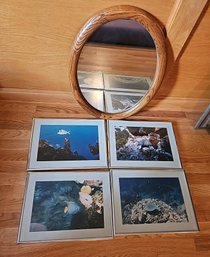 R8 Four Marine Prints With Frames And Oval Mirror With Wooden Frame