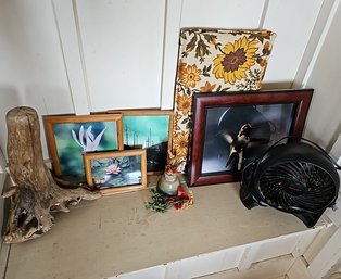 R1 Lot To Include Wall Art, Small Fan, Home Decor, And Floral Cushion