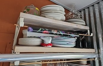 R6 Lot To Include Dishes On Top Two Shelves With Decor And Wrapping Paper