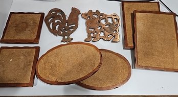 R10 Cork And Wood Trivets. Rooster Themed Metal Trivets