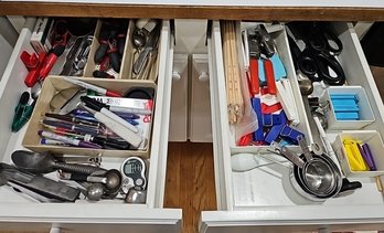 R10 Lot To Include Two Drawers Full Of Kitchen Utensils, Scissors, Clips, Pens, And Other Items