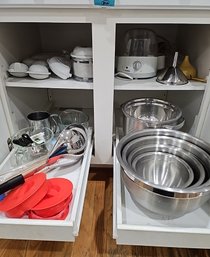 R10 Lot To Inlcude Two Cabinets Full Of Kitchen Bowls, Containers, Measuring Items, And More