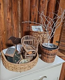 R9 Decorative Lot To Include Iron Crow Decor, Two Wicker Baskets, Tree Decor, And More