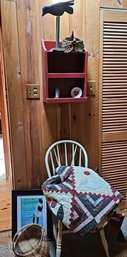 R9 Lot To Include Home Decor, Wooden Chair, Quilt, Wicker Baskets And Rug