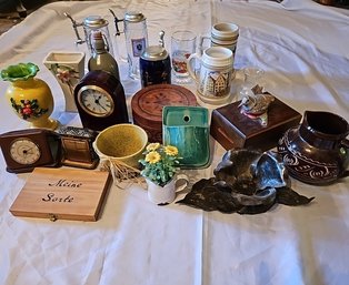 R4 Shelf Lot To Include Vintage Vases, Decor, Vintage Glass Steins And More