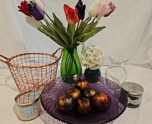 R3 Vases, Fake Flowers, Copper And Wood Basket, Two Candles, And Large Glass Bowl With Decor