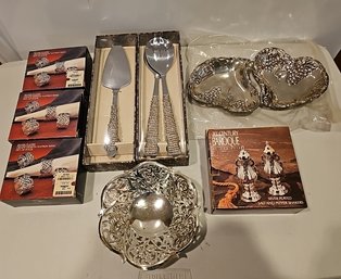 R2 Silverplated Salt And Pepper Shakers, Napkin Rings, Serving Dishes, And Large Utensils