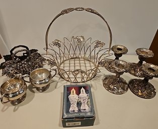 R2 Silverplated Candlestick Holders, Basket, Napkin Holder, Salt/pepper Shaker, And Two Small Dishes