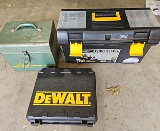R0 One Medium-sized Tool Box, Porter Cable Guild Saw With Case, And Empty Dewalt Case
