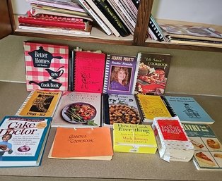 R1 Four Small Shelves Of Cookbooks Including Better Homes Recipes, Betty Crackers, Jeanne Pretty, And More