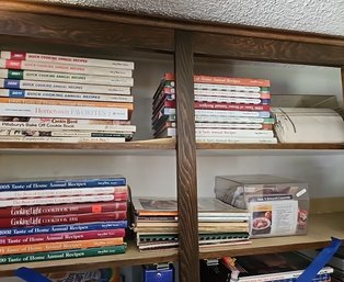 R1 Cookbooks And Containers Full Of Recipes On 4 Small Shelves