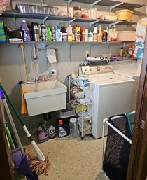 R2 Contents Of Five Shelves, Cleaning Supplies, Four Tier Small Shelving Unit, Laundry Basket And More!