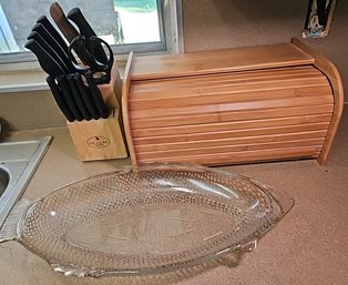 R3 Wooden Bread Box, Revere Ware Knife Block With Knives, And Glass Fish Bowl