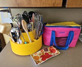 R3 Spinning Utensil Organizer With Utensils, Lunch Box, And Small Floral Ceramic Plate