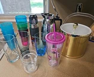 R3 Three Shelves Of Glass And Plastic Cups, Ice Holder, And Plastic Pitcher