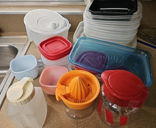 R3 Three Shelves Of Various Size Plastic Containers, Glass Juicer And Cups, And Salad Spinner