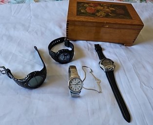 R9 Four Men's Wrist Watches, Small Wooden Box, And Bracelet